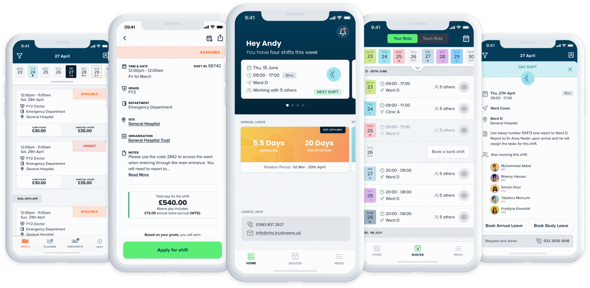 Patchwork’s complete workforce solution, illustrated here with 6 iPhone screens in a row showing different functionalities