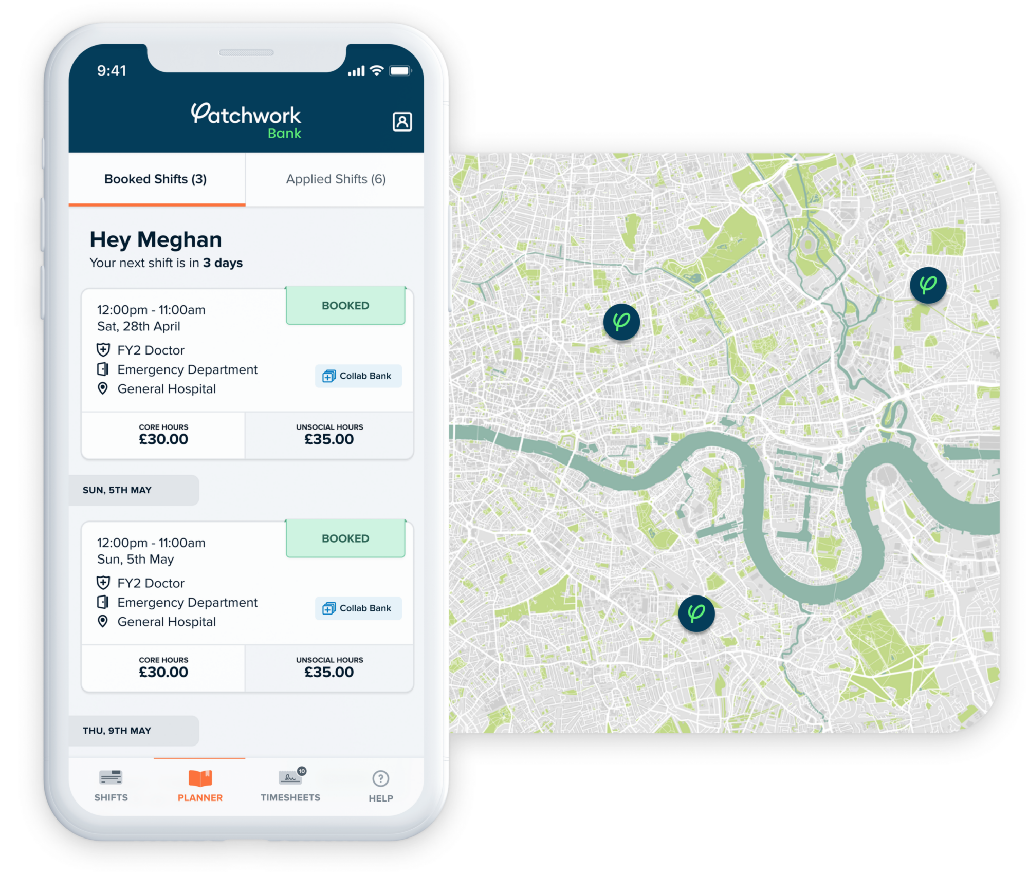 Patchwork’s collaborative NHS staff bank app, next to a map of London showing different hospital sites