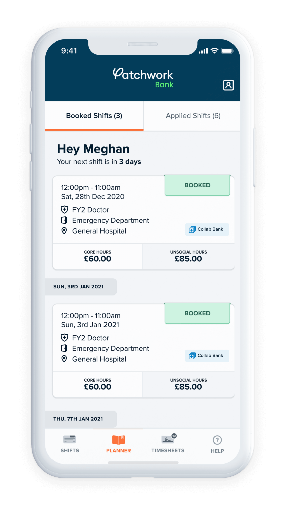 Patchwork bank app shows shifts that have been booked, and in another tab, shifts that have been applied to