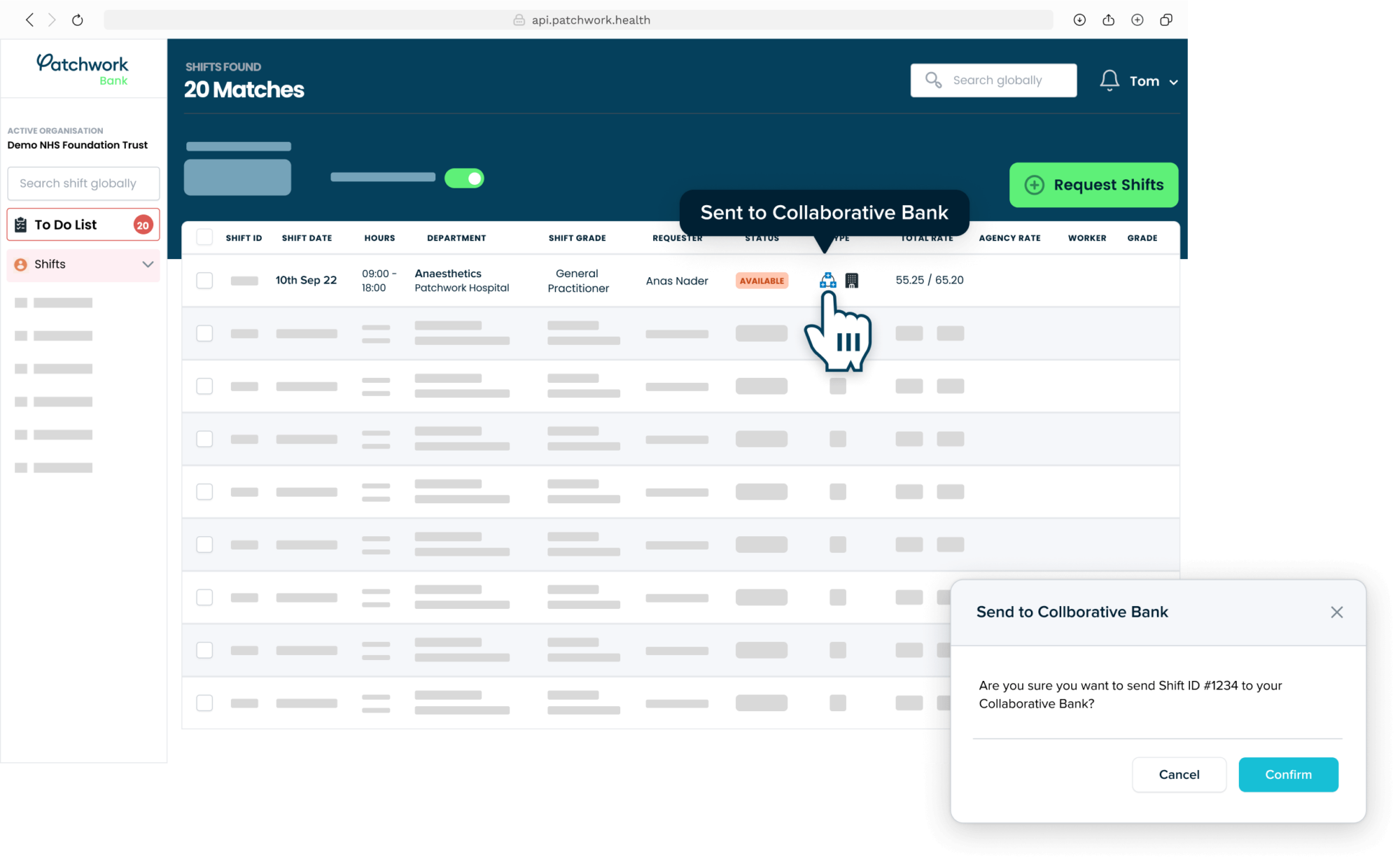 A shift is sent from an internal NHS bank to the collaborative bank