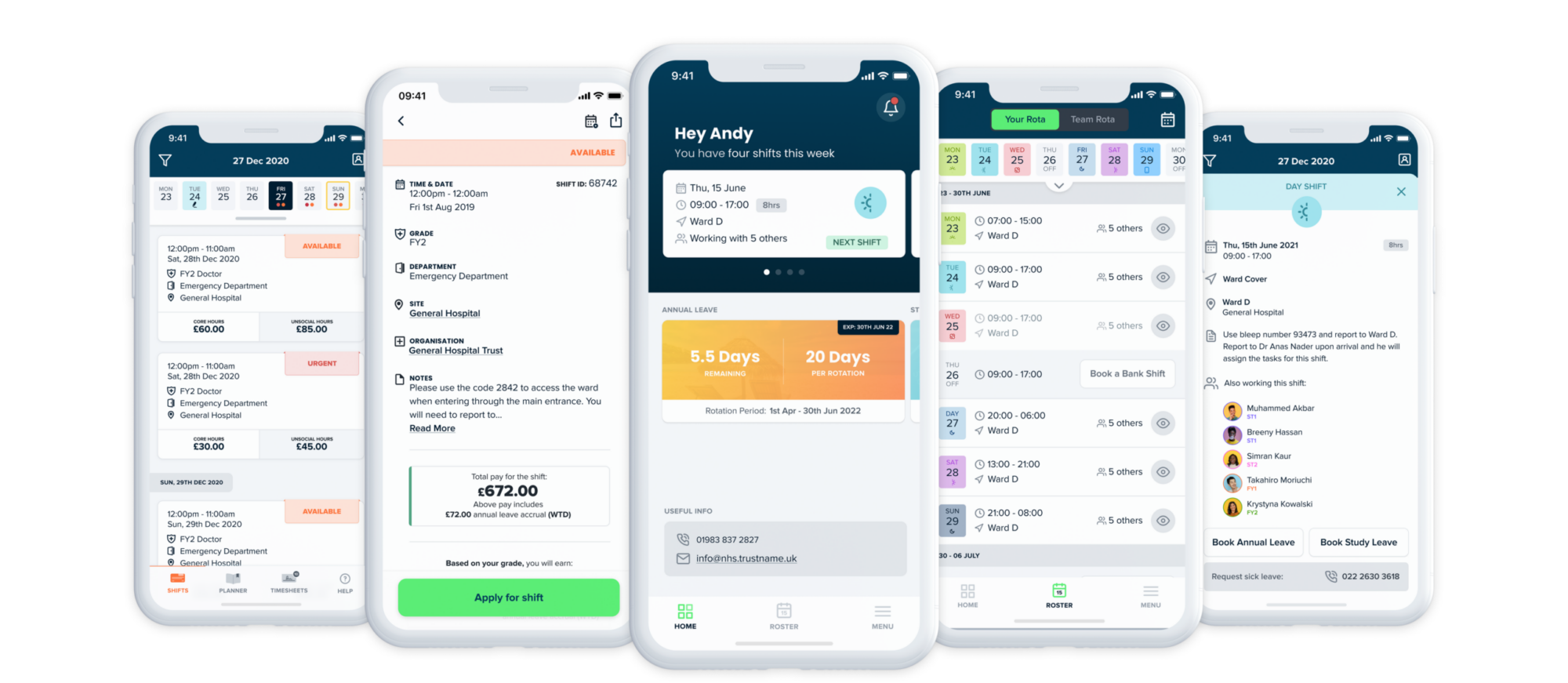 Patchwork’s complete workforce solution, illustrated here with 6 iPhone screens in a row showing different functionalities