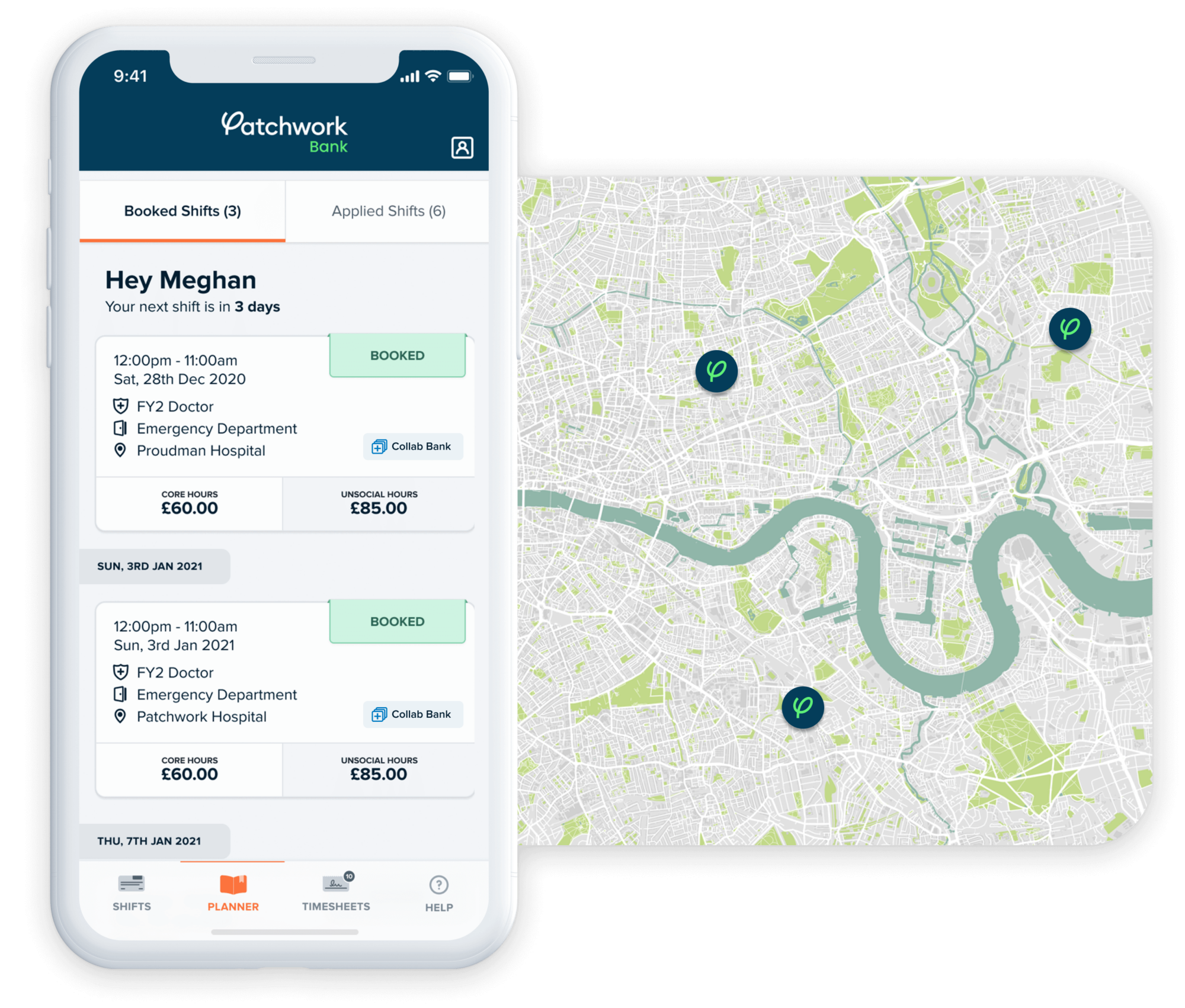 Patchwork’s collaborative NHS staff bank app, next to a map of London showing different hospital sites