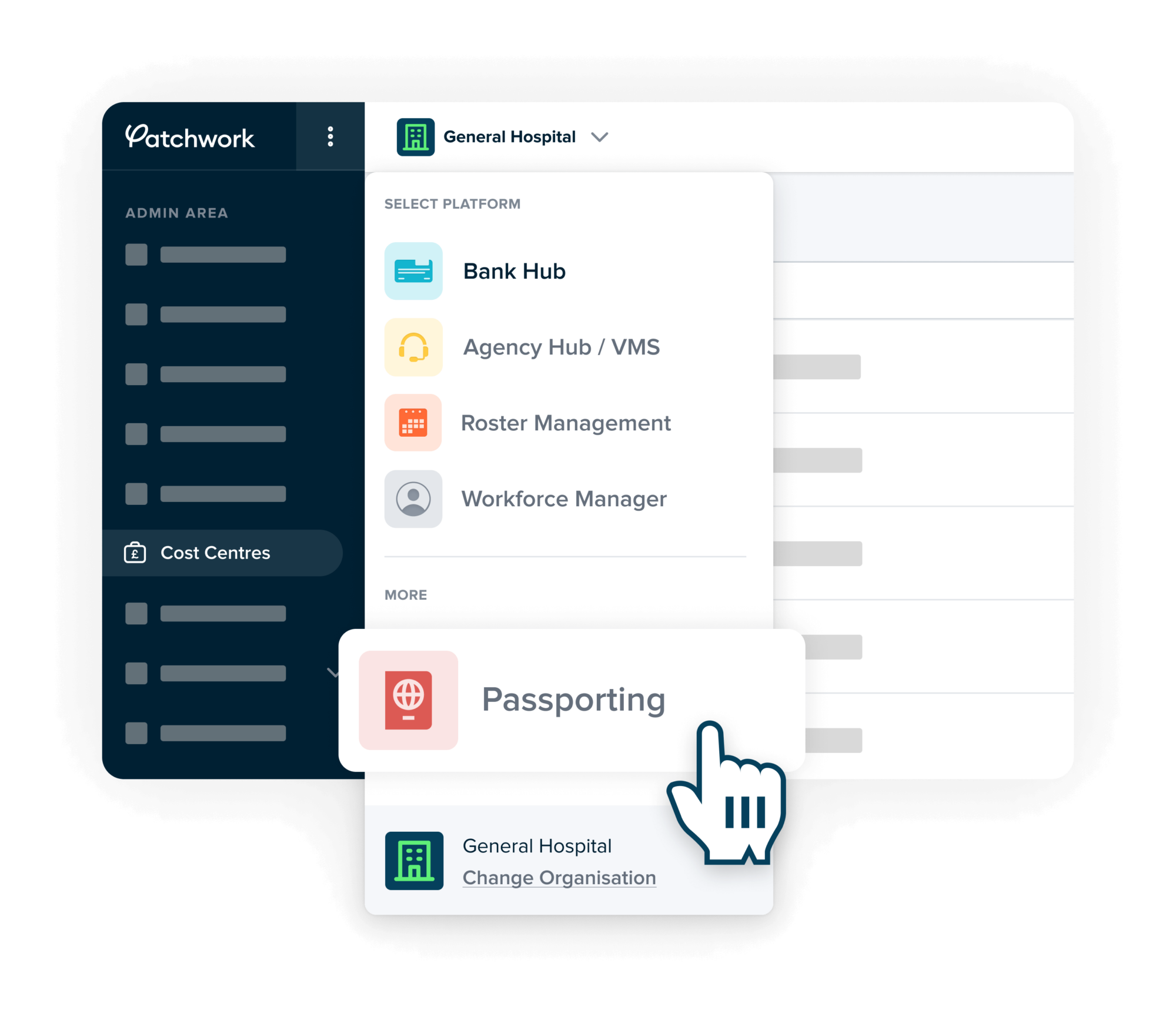 Visualisation of selecting passporting from the menu in Patchwork Hub, showing how it forms a part of a complete workforce solution