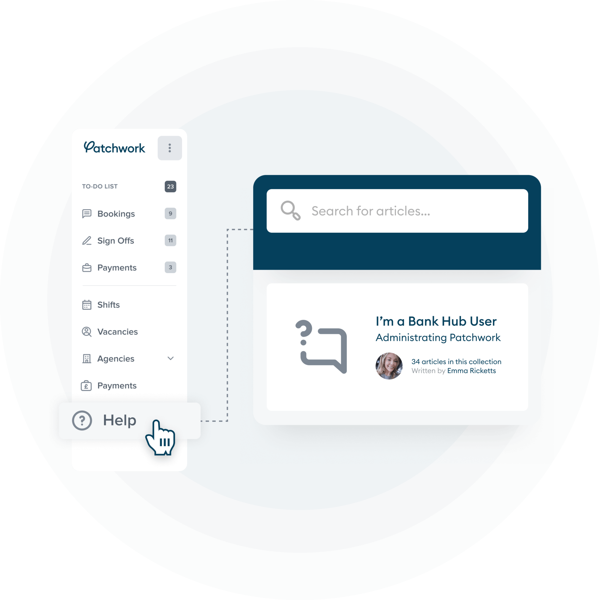 Mock-up of Patchwork’s support hub, showing how a Bank user could access helpful articles to answer their queries