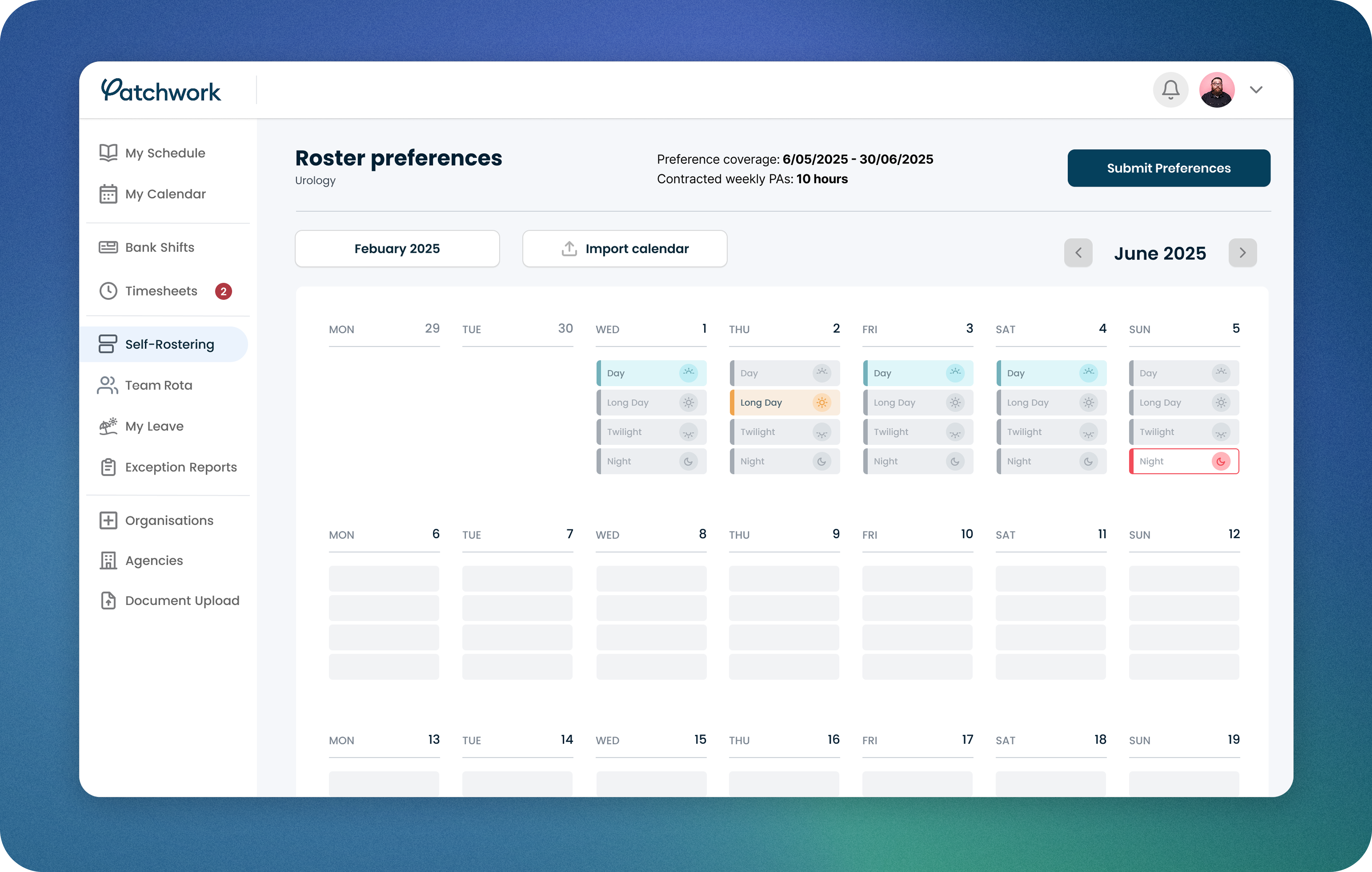 Clinician self-rostering: roster preferences view with day, long day, twilight and night shifts.
